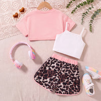 Girls Pink Typography Print Shrug With Cami Top & Leopard Print Shorts Sets 3 pc. Sets