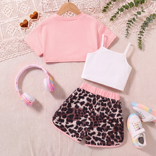 Girls Pink Typography Print Shrug With Cami Top & Leopard Print Shorts Sets 3 pc. Sets