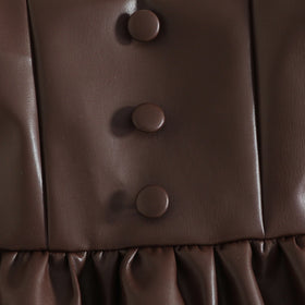Girls Brown Faux Leather Pinafore Dress With Long Sleeves T-Shirt Casual Dresses