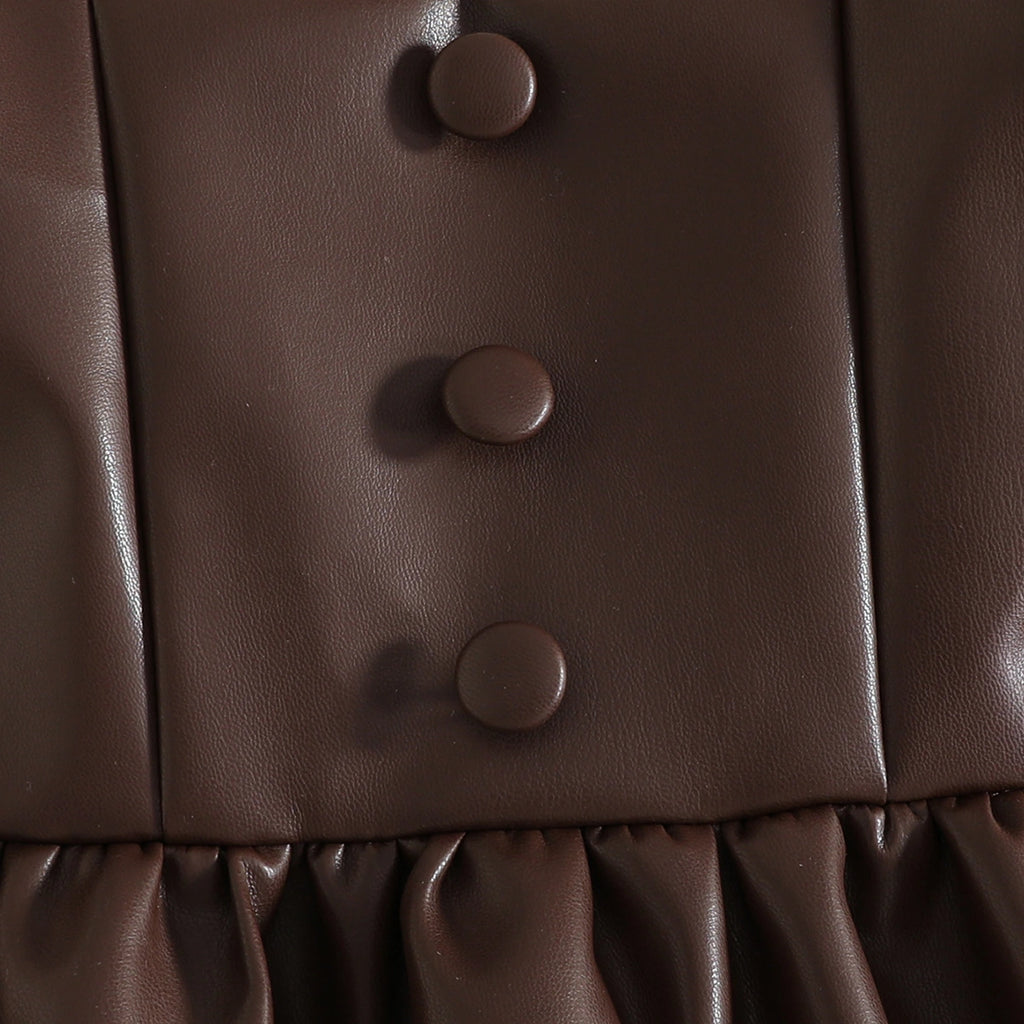 Girls Brown Faux Leather Pinafore Dress With Long Sleeves T-Shirt Casual Dresses
