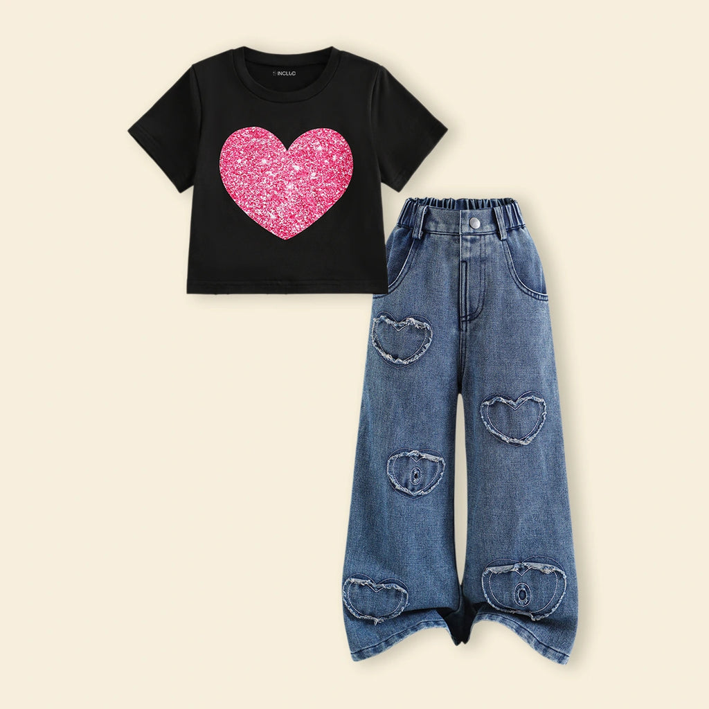 Girls Black Heart Print Short Sleeves T-Shirt With Denim Wide-Leg Pants Set Sets