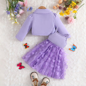 Girls Purple Solid Blazer Shrug With Butterfly Applique Tulle Overlay Fit And Flared Dress Casual Dresses
