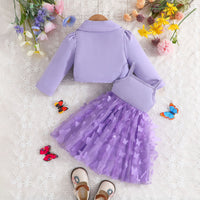 Girls Purple Solid Blazer Shrug With Butterfly Applique Tulle Overlay Fit And Flared Dress Casual Dresses