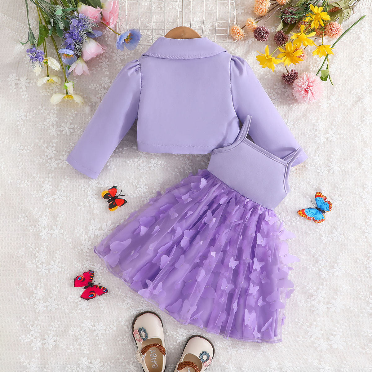 Girls Purple Solid Blazer Shrug With Butterfly Applique Tulle Overlay Fit And Flared Dress Casual Dresses