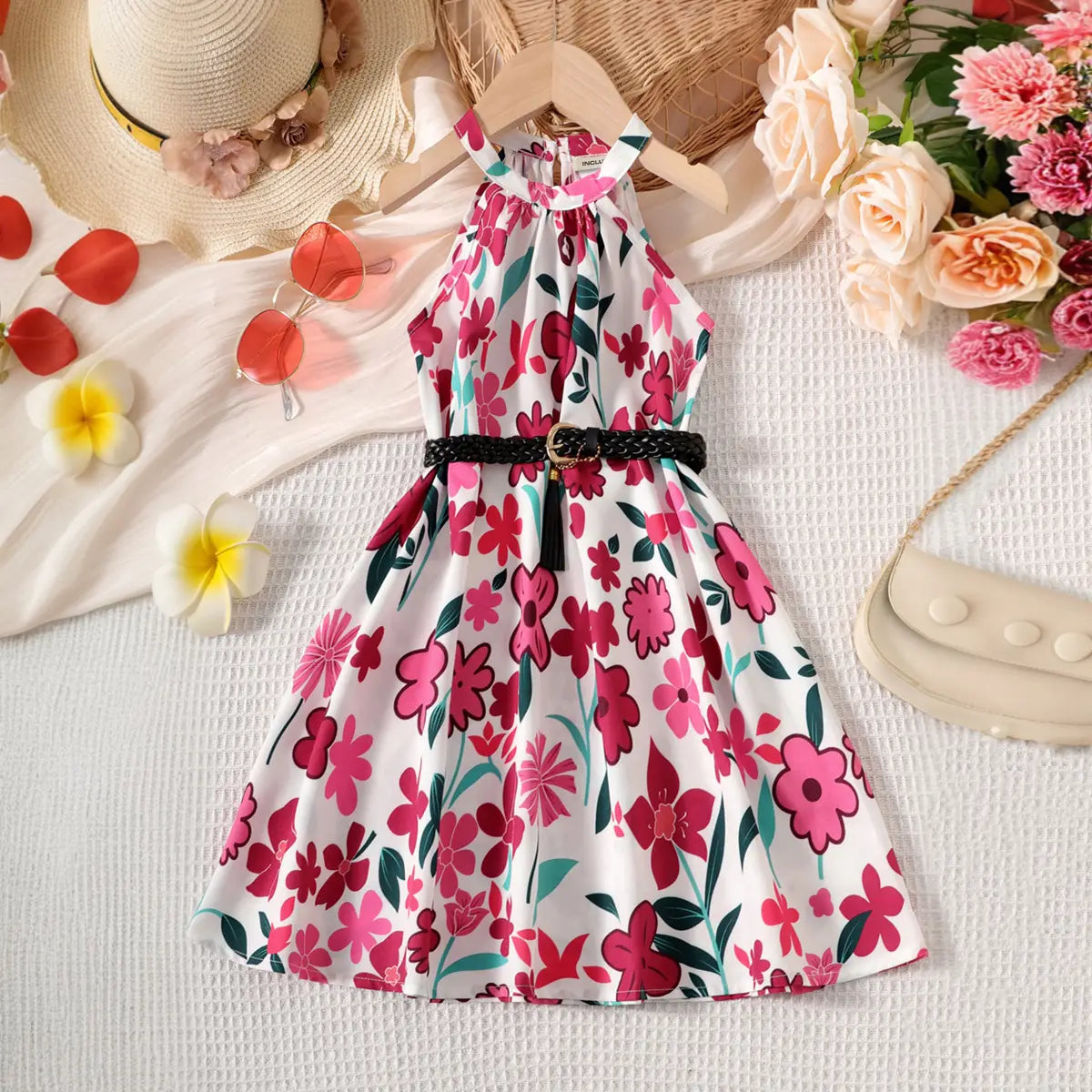 Girls Pink Floral Printed Halter Neck A-line Dress Casual Dresses Pink 3-4 Y