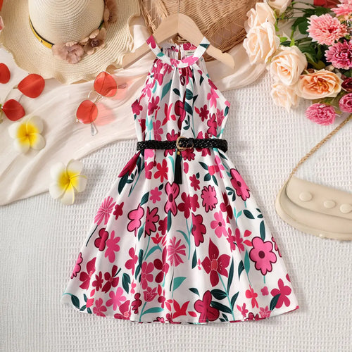 Girls Pink Floral Printed Halter Neck A-line Dress Casual Dresses Pink 3-4 Y