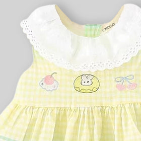 Girls Yellow Checked Bunny Embroidered Sleeveless Fit & Flare Dress Casual Dresses
