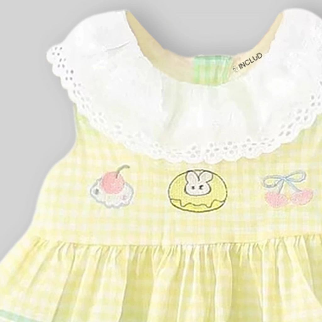 Girls Yellow Checked Bunny Embroidered Sleeveless Fit & Flare Dress Casual Dresses
