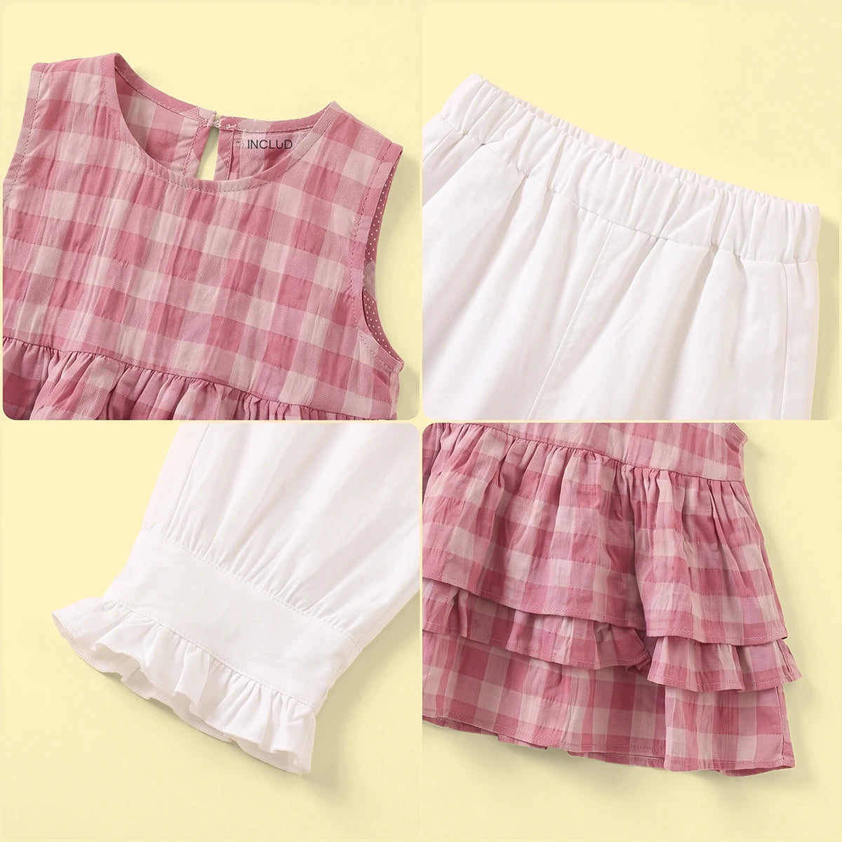 Girls Pink Checked Sleeveless Layered Top With Pants Sets 2 pc. Sets