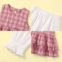Girls Pink Checked Sleeveless Layered Top With Pants Sets 2 pc. Sets