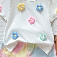 Girls White 3D Floral Applique Short Sleeve T-Shirt With Tie-Dye Shorts Sets 2 pc. Sets