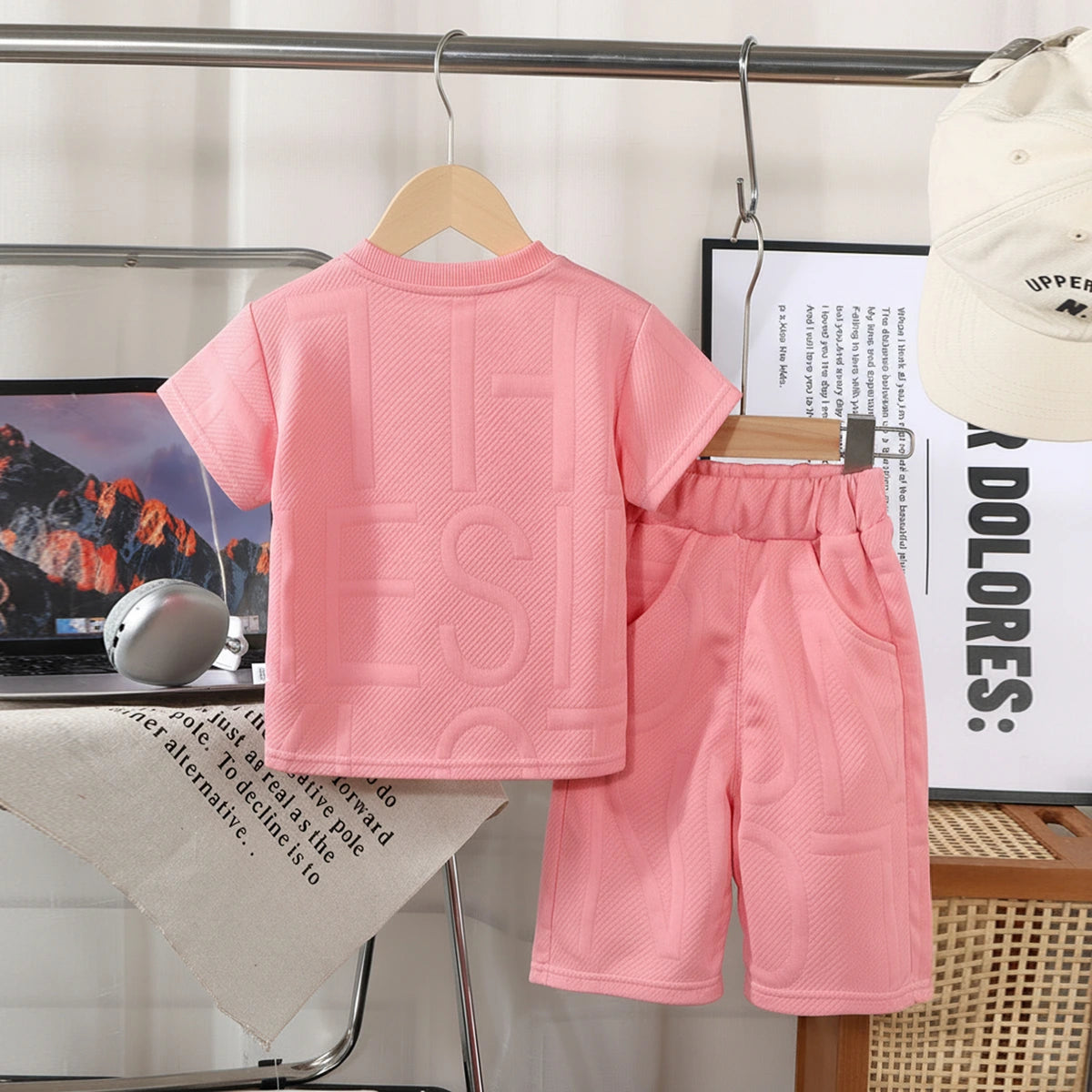 Girls Pink Embossed Print Short Sleeve T-Shirt With Shorts Sets 2 pc. Sets