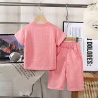 Girls Pink Embossed Print Short Sleeve T-Shirt With Shorts Sets 2 pc. Sets
