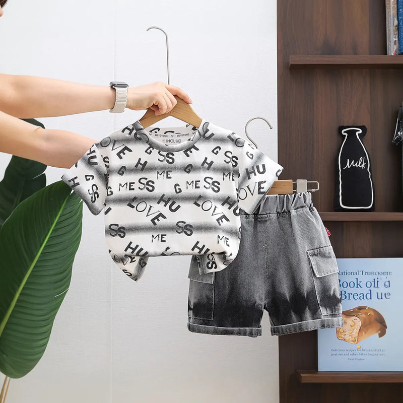 Boys Grey Typographic Print T-Shirt With Denim Shorts Set Sets Grey 1-2 Y