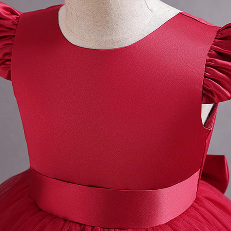 Girls Red Pearl-Embellished Flutter Sleeve Party Wear Dress Party Dresses