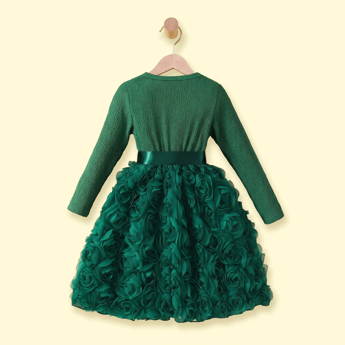 Girls Green Rose Applique Long Sleeve Fit & Flare Dress Casual Dresses