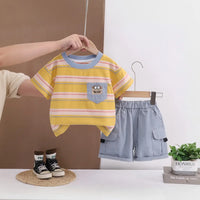 Boys Yellow Bear Pocket Striped T-Shirt With Cargo Shorts Sets 2 pc. Sets Yellow 1-2 Y