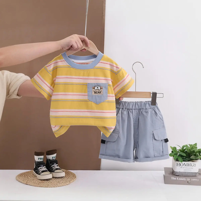Boys Yellow Bear Pocket Striped T-Shirt With Cargo Shorts Sets 2 pc. Sets Yellow 1-2 Y