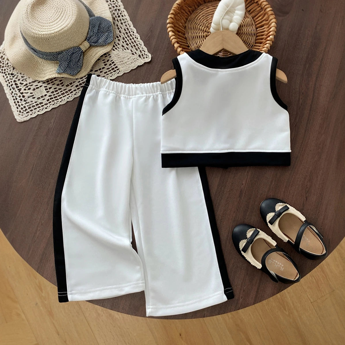 Girls White Colorblocked Button Down Top With Pants Sets 2 pc. Sets