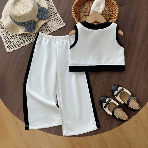 Girls White Colorblocked Button Down Top With Pants Sets 2 pc. Sets