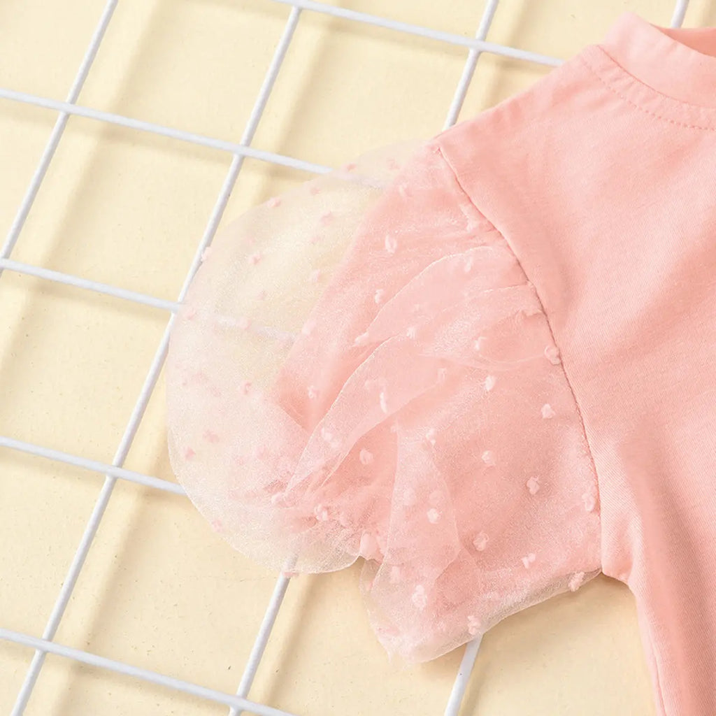 Girls Peach Puff Sleeves Top & Denim Pants With Pearl Embellishments Sets Sets