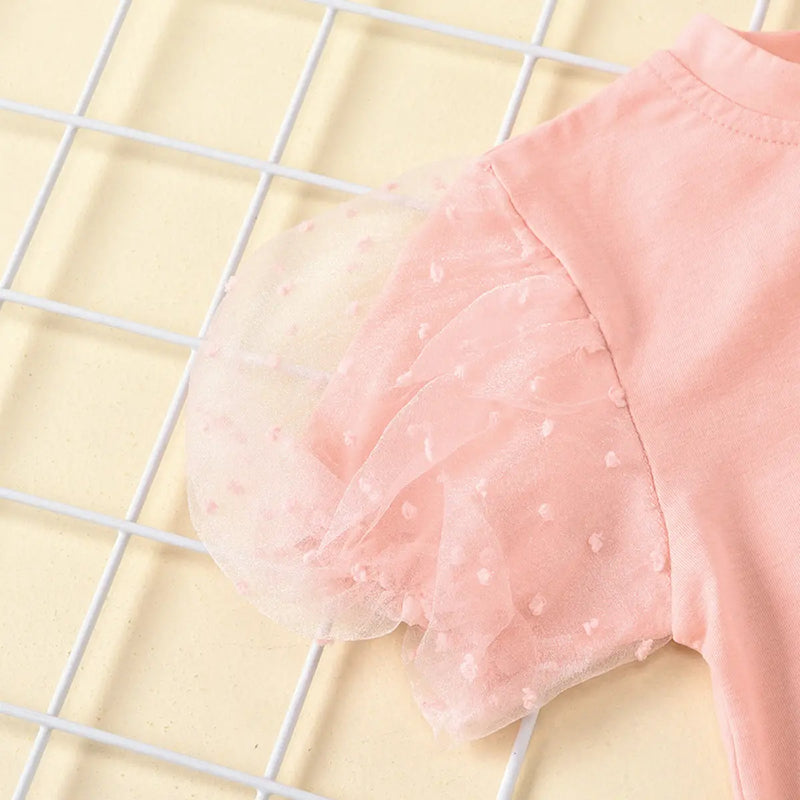 Girls Peach Puff Sleeves Top & Denim Pants With Pearl Embellishments Sets Sets