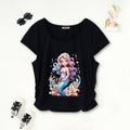 Girls Black Mermaid Print Short Sleeves Scoop Neck T-Shirt Tshirts Black 7-8 Y