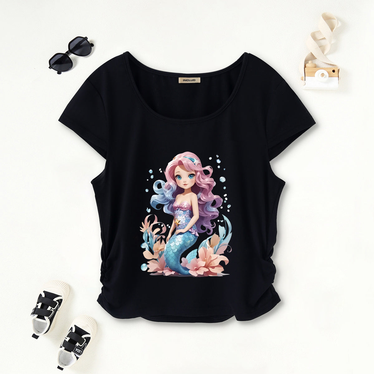 Girls Black Mermaid Print Short Sleeves Scoop Neck T-Shirt Tshirts Black 7-8 Y