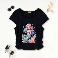 Girls Black Mermaid Print Short Sleeves Scoop Neck T-Shirt Tshirts Black 7-8 Y