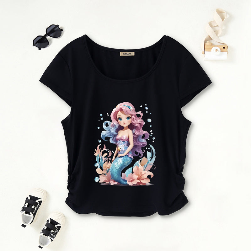 Girls Black Mermaid Print Short Sleeves Scoop Neck T-Shirt Tshirts Black 7-8 Y