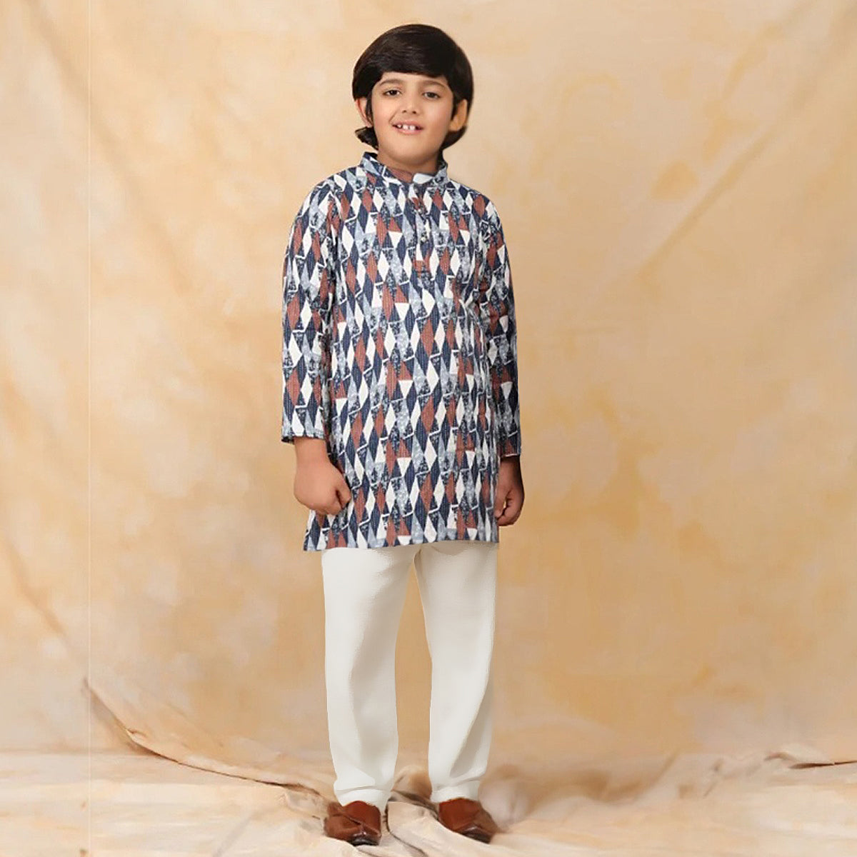 Boys Blue Printed Kurta With Pajama Ethnic wear Set Ethnicwear Boys Blue 1-2 Y