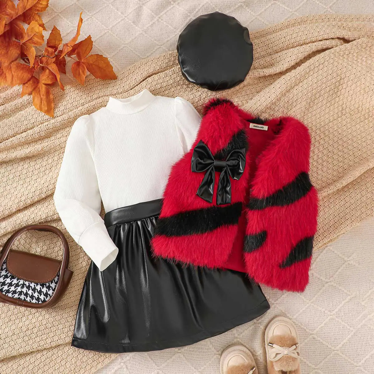 Girls Long Sleeve T-Shirt With Red Faux Fur Vest & Faux Leather Skirt & Hat Sets Sets
