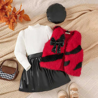 Girls Long Sleeve T-Shirt With Red Faux Fur Vest & Faux Leather Skirt & Hat Sets Sets