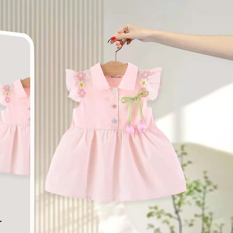 Girls Pink Fit Flare Dress With Bow & Floral Lace Details Casual Dresses Pink 1-2 Y