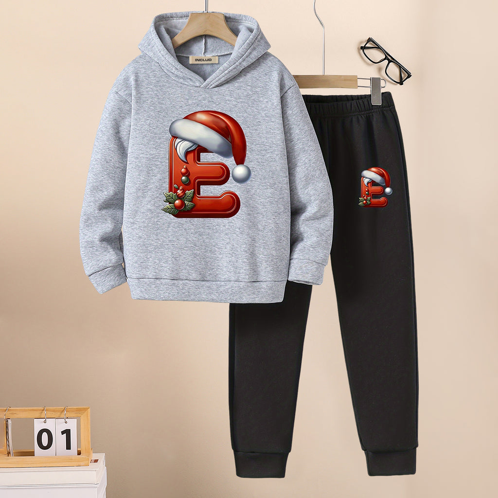 Boys Grey Melange Santa Cap Printed Hooded Sweatshirt with Joggers Set Sets Grey 5-6 Y