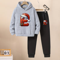 Boys Grey Melange Santa Cap Printed Hooded Sweatshirt with Joggers Set Sets Grey 5-6 Y