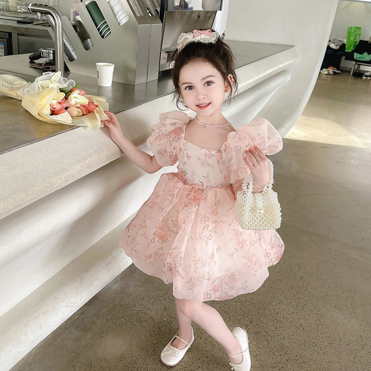 Girls Pink Floral Print Puff Sleeves Fit & Flare Party Wear Dress Party Dresses Pink 1-2 Y