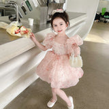 Girls Pink Floral Print Puff Sleeves Fit & Flare Party Wear Dress