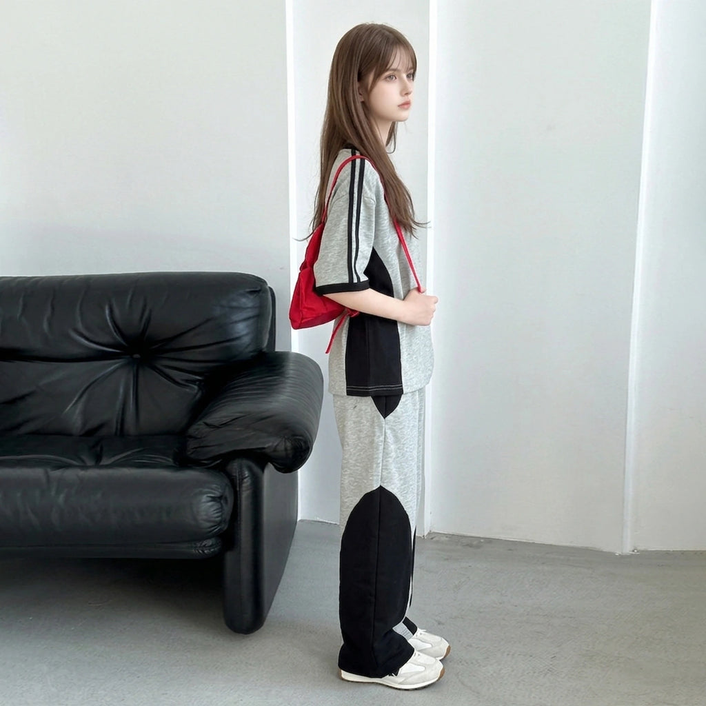 Girls Grey Colour-blocked Short Sleeves T-Shirt With Wide-Leg Joggers Sets Sets