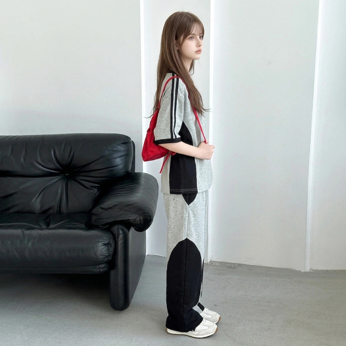 Girls Grey Colour-blocked Short Sleeves T-Shirt With Wide-Leg Joggers Sets Sets