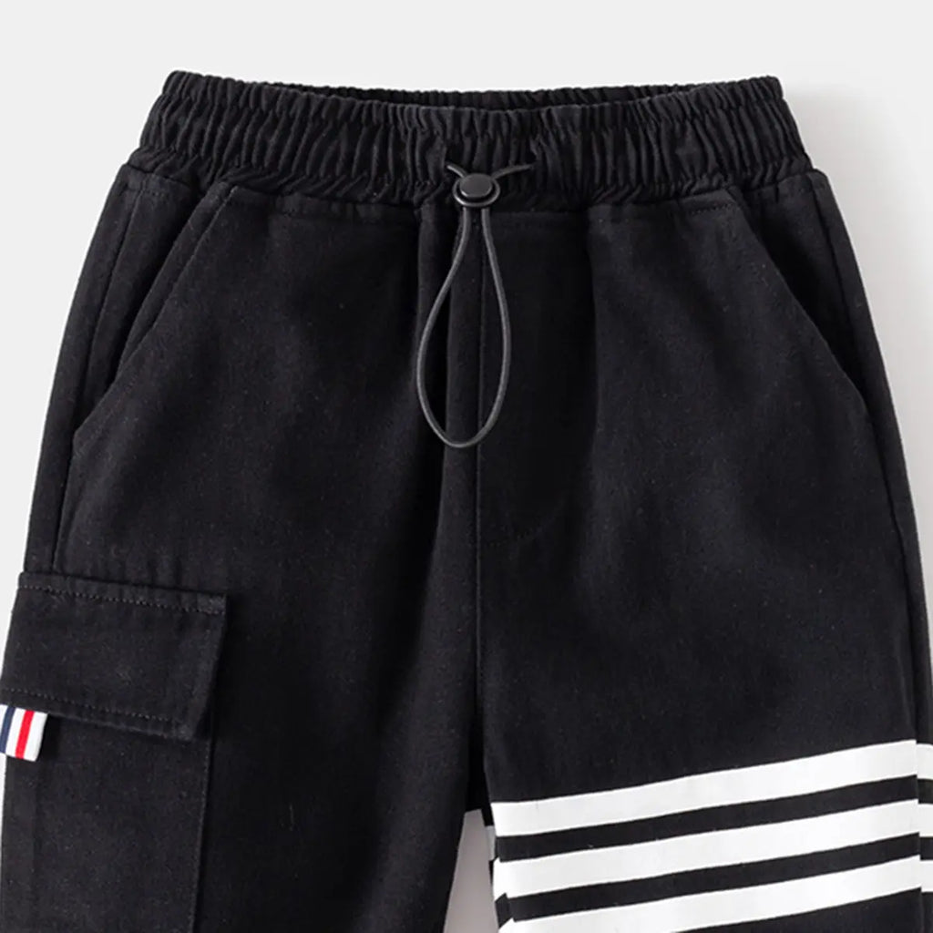 Boys Black Three Stripes Print Cargo Pants Pants