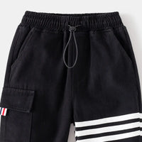 Boys Black Three Stripes Print Cargo Pants Pants