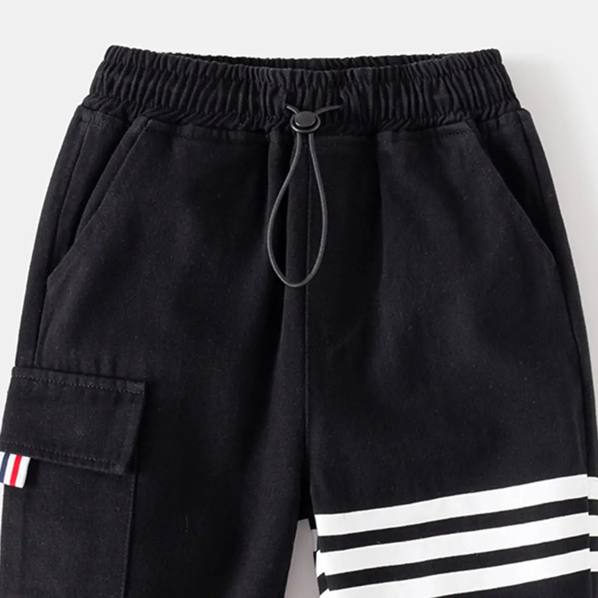 Boys Black Three Stripes Print Cargo Pants Pants