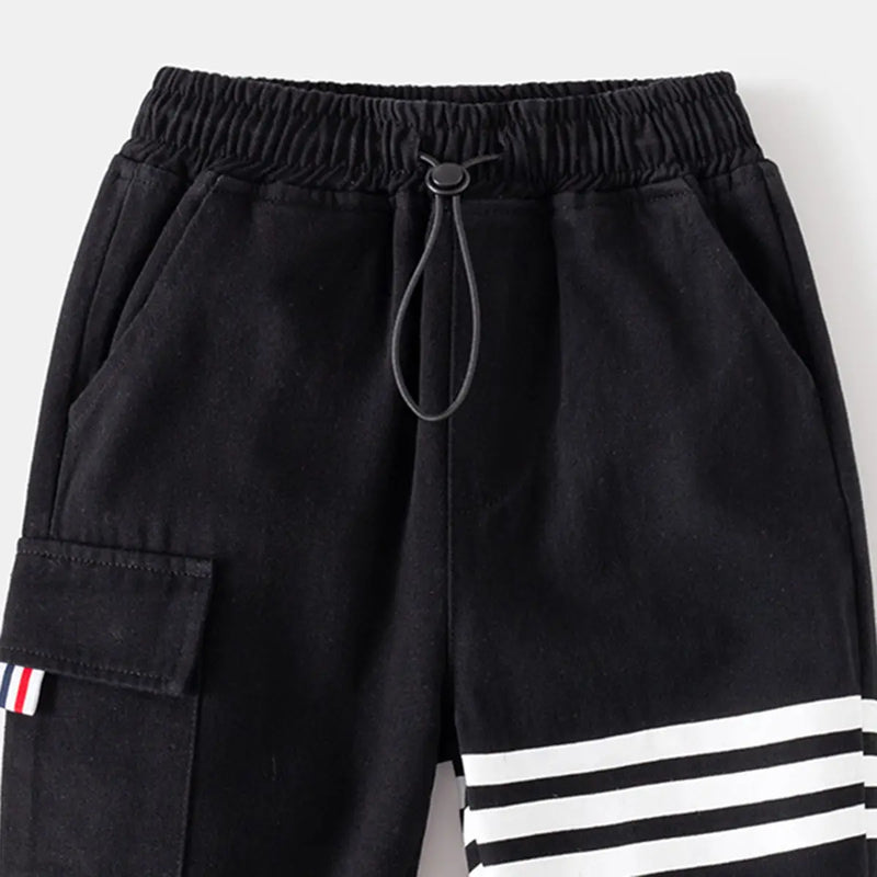 Boys Black Three Stripes Print Cargo Pants Pants