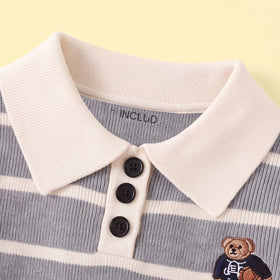 Boys Grey Polo Collar Sweatshirt With Self Design Stripe Patterns Sweaters & Cardigans