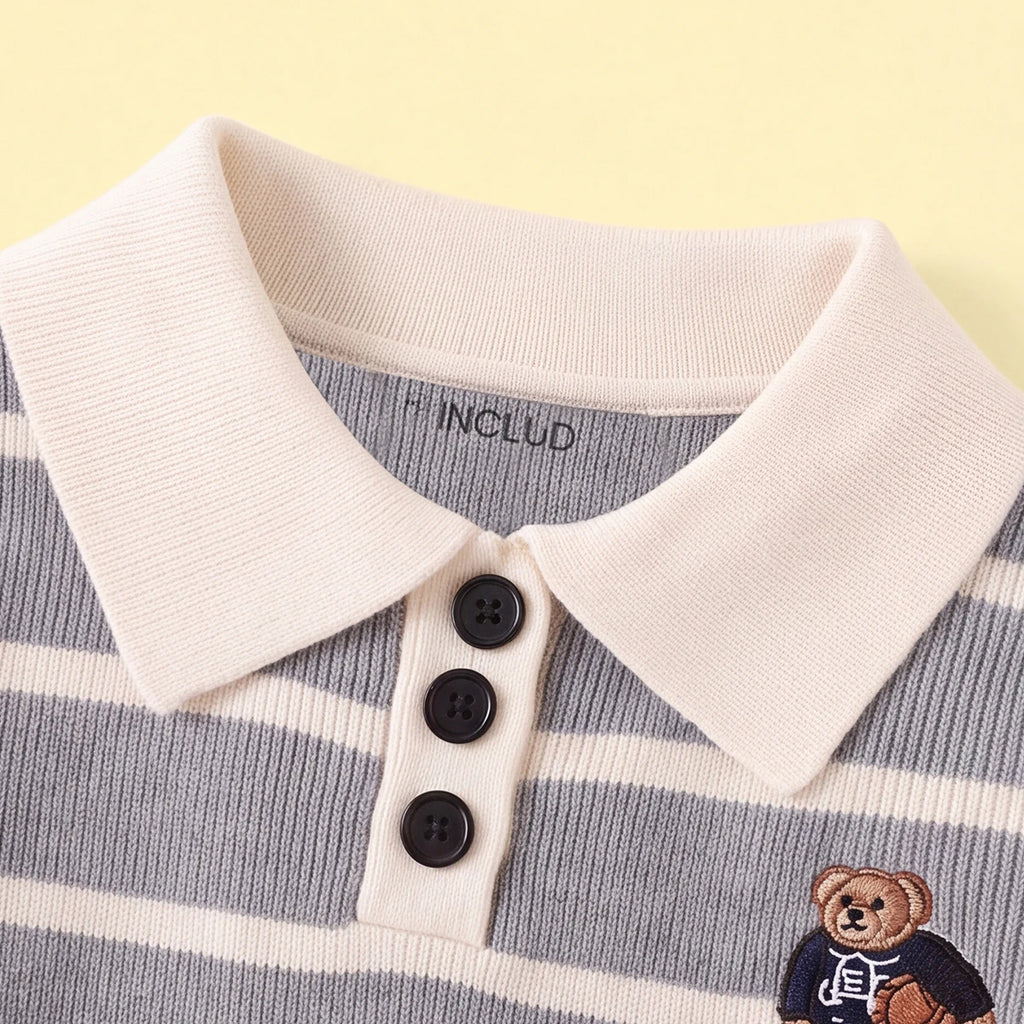 Boys Grey Polo Collar Sweatshirt With Self Design Stripe Patterns Sweaters & Cardigans