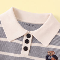 Boys Grey Polo Collar Sweatshirt With Self Design Stripe Patterns Sweaters & Cardigans