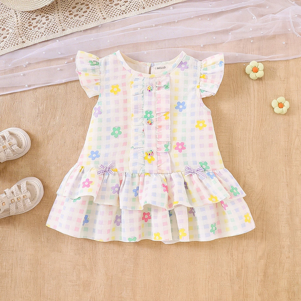 Girls Multicolor Floral Printed Ruffle Hem Drop-Waist Dress Casual Dresses Multicolor 1-2 Y