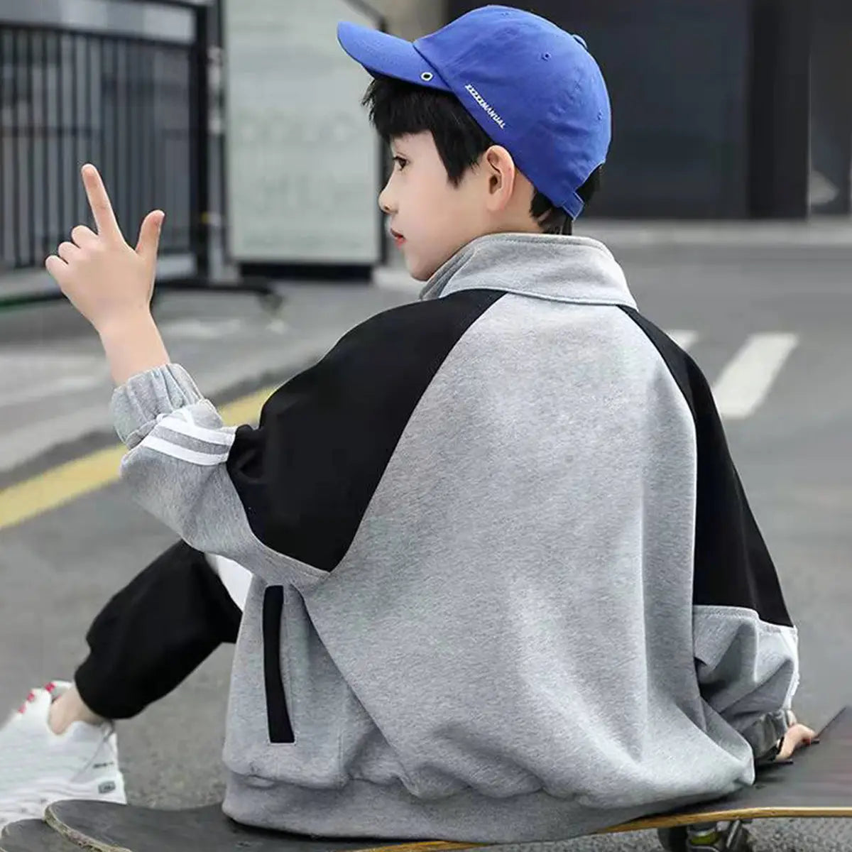 Boys Grey Typographic Printed Raglan Sleeves Zipper Jacket Coats & Jackets