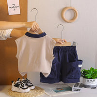 Boys Beige Sleeveless Polo-T-Shirt With Cargo Shorts Sets Sets